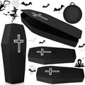 Black pop-up Halloween coffin with a white cross on the lid shown open, closed and folded with a storage bag