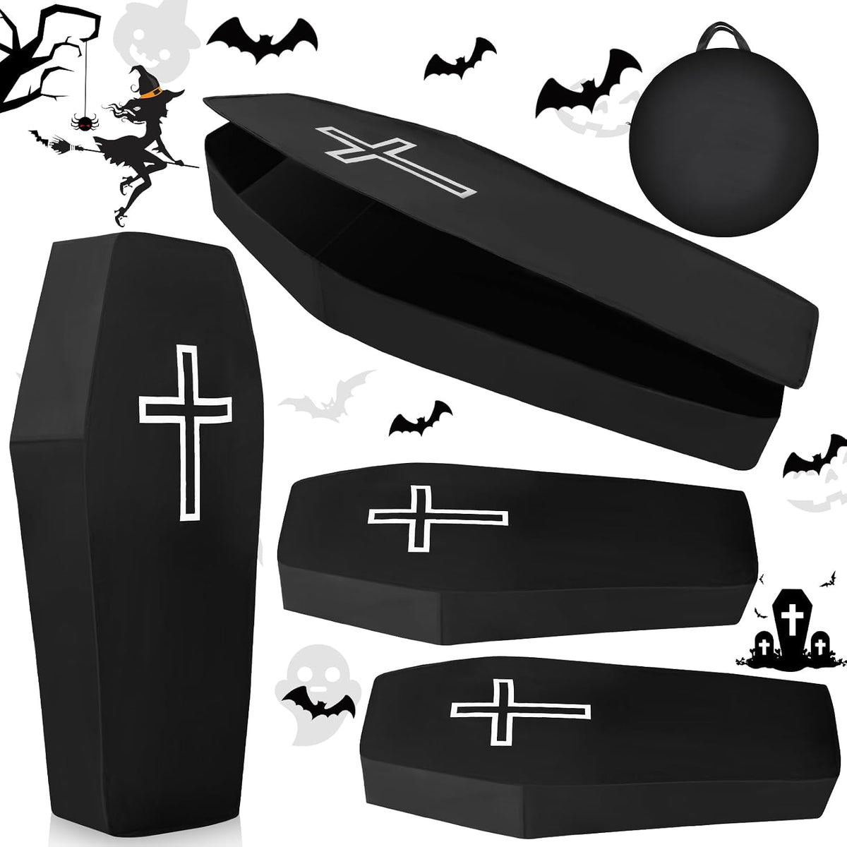 Black pop-up Halloween coffin with a white cross on the lid shown open, closed and folded with a storage bag