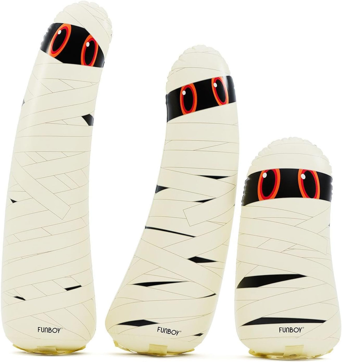 Three cream mummy ghost inflatables in stepped heights with bandage prints and eyes
