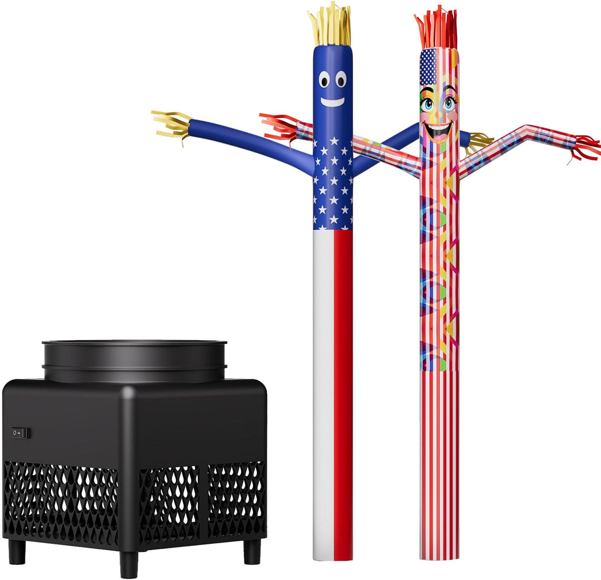 Two red, white and blue stars and stripes tube man inflatables with a black blower