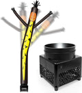 Black and yellow pumpkin-head tube man inflatable with bat prints beside its black blower