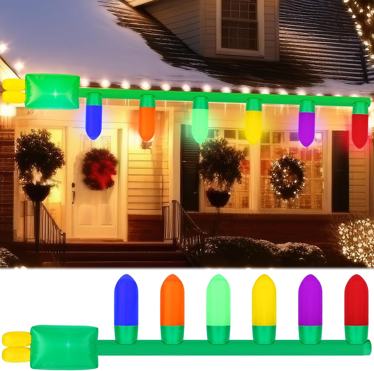 Giant inflatable Christmas bulb string in bright colors hanging across the front of a house
