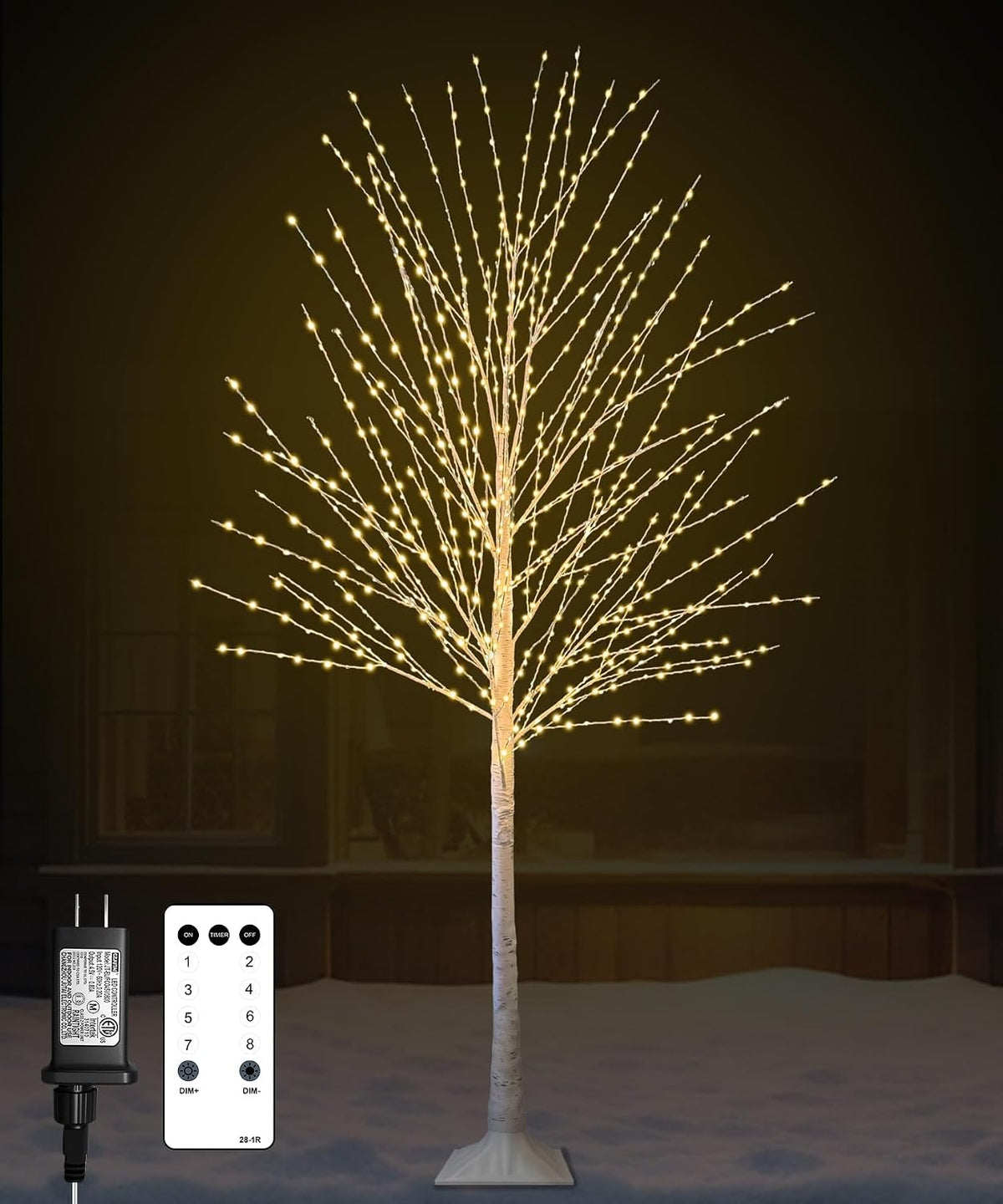 White birch tree densely lit with warm white LEDs, with a remote and adapter