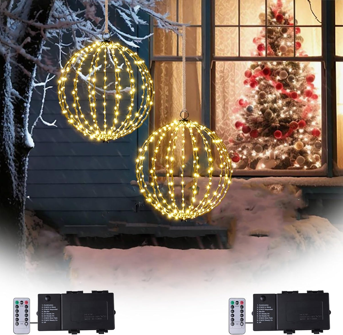 Two warm white battery light balls hanging outside a window with remotes and battery boxes