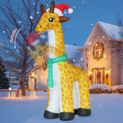 Tall giraffe inflatable in a Santa hat and scarf nodding in a snowy yard