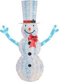 Tall iridescent lighted snowman with a top hat, a red bow and blue branch arms