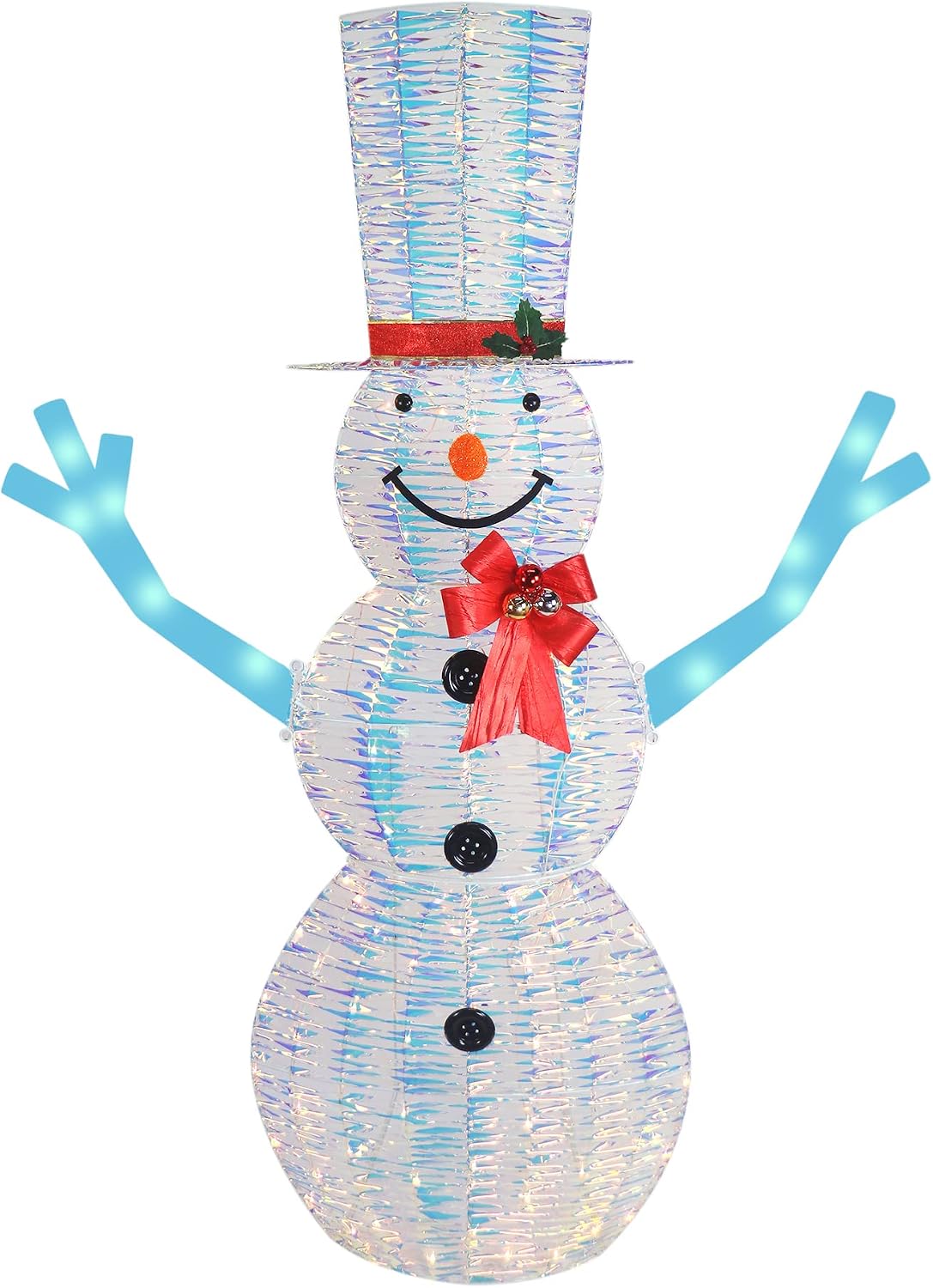 Tall iridescent lighted snowman with a top hat, a red bow and blue branch arms