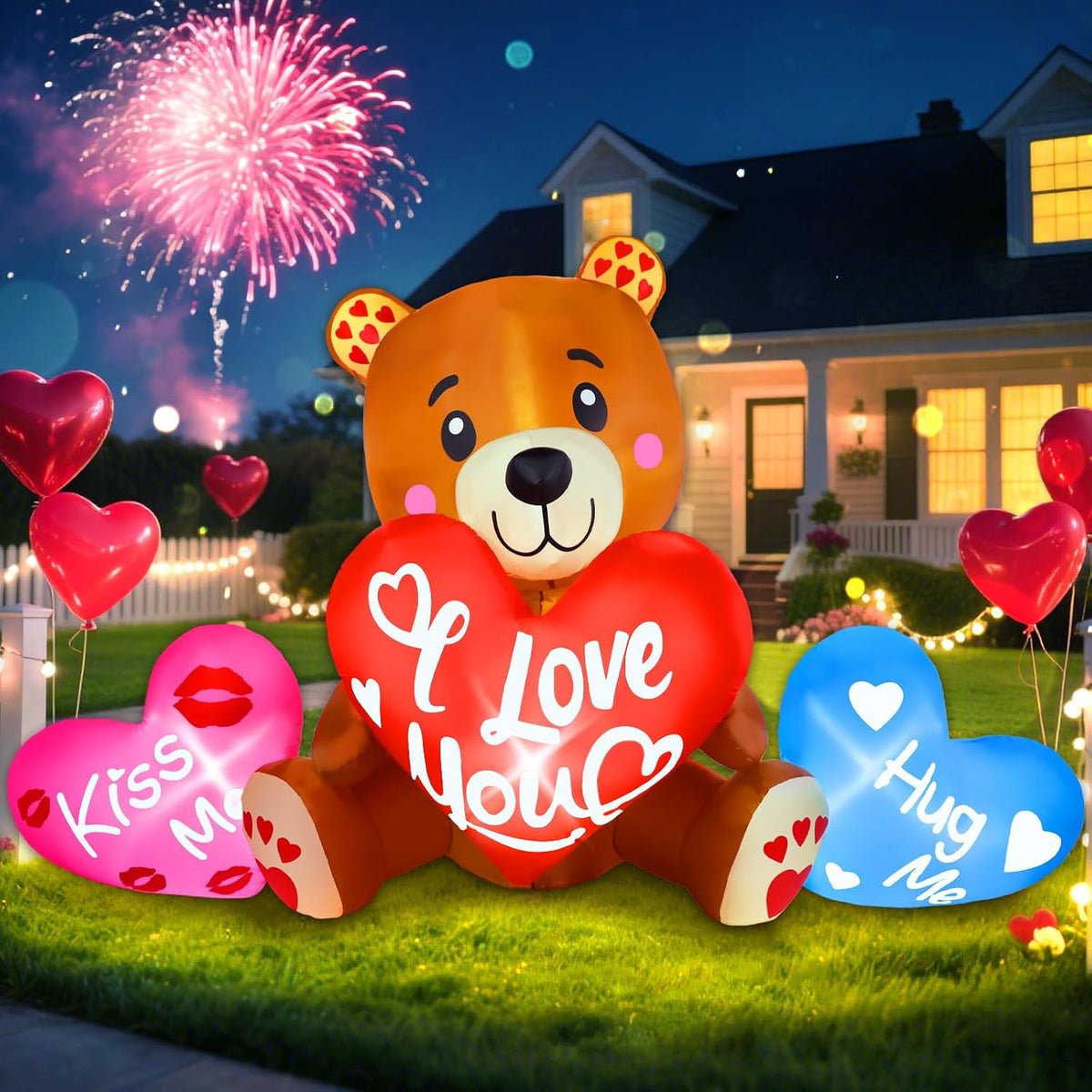 Brown teddy bear inflatable holding a red I Love You heart with message hearts beside it at night