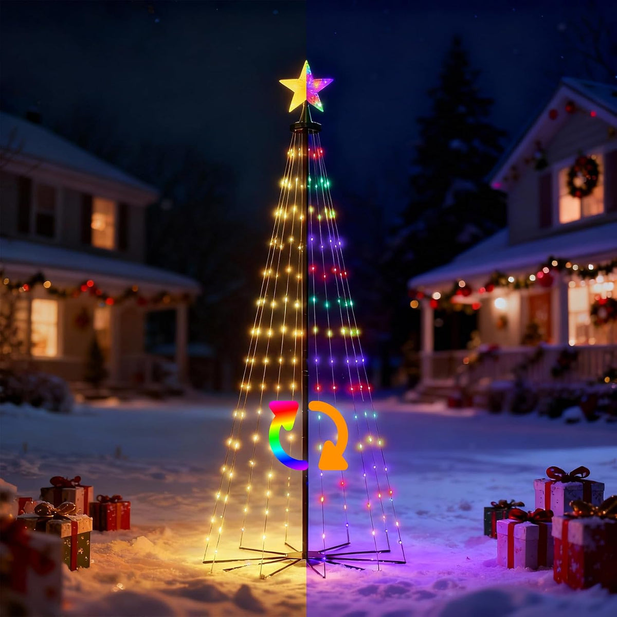 LED cone Christmas tree with a star showing multicolor on one side and warm white on the other