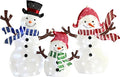 Three sparkling lighted snowmen with twig arms and plaid scarves
