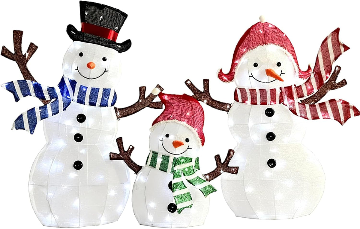 Three sparkling lighted snowmen with twig arms and plaid scarves