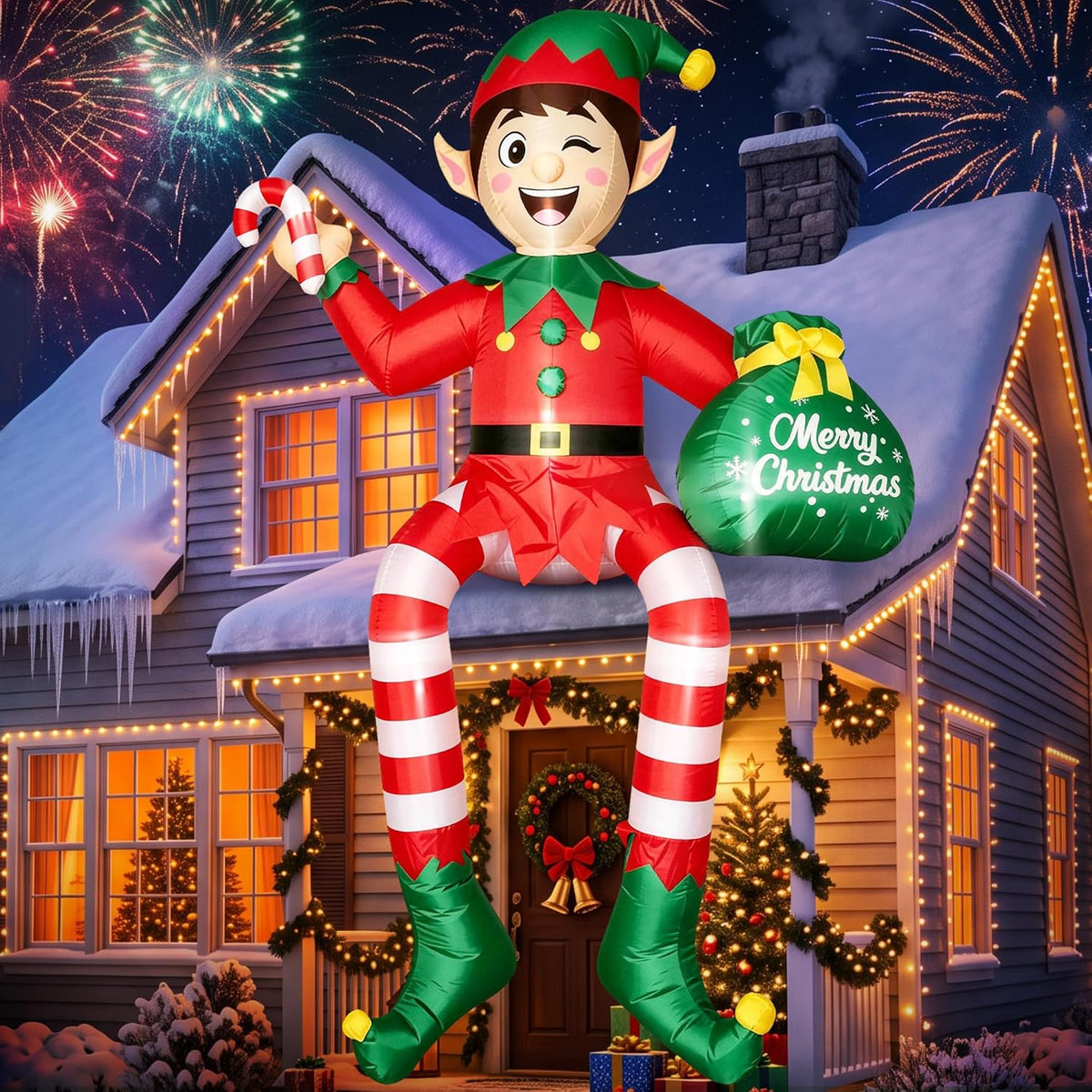 Giant elf inflatable with striped legs sitting on a snowy roof holding a candy cane and a Merry Christmas sack