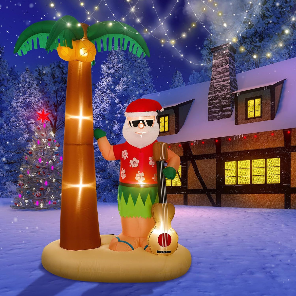 Santa in a Hawaiian shirt playing a ukulele under a lit palm tree inflatable in a snowy yard