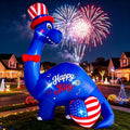 Blue patriotic dinosaur inflatable in an Uncle Sam hat with a flag heart and fireworks behind