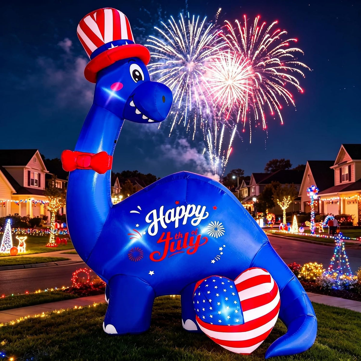 Blue patriotic dinosaur inflatable in an Uncle Sam hat with a flag heart and fireworks behind