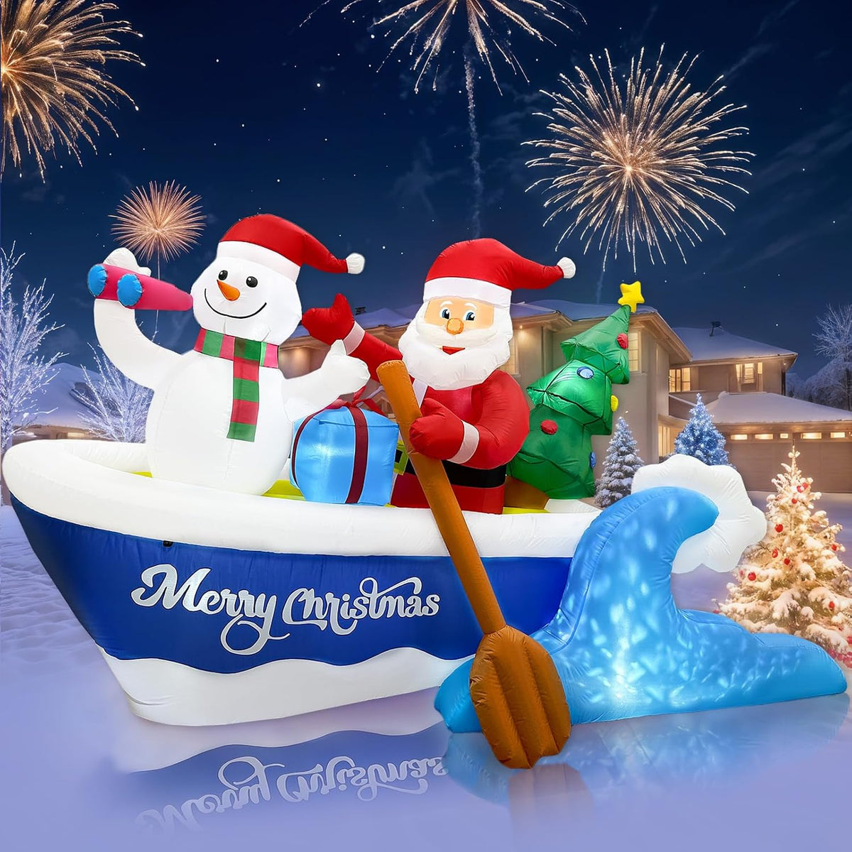Santa rowing a white Merry Christmas boat with a snowman and a tree over a blue wave inflatable