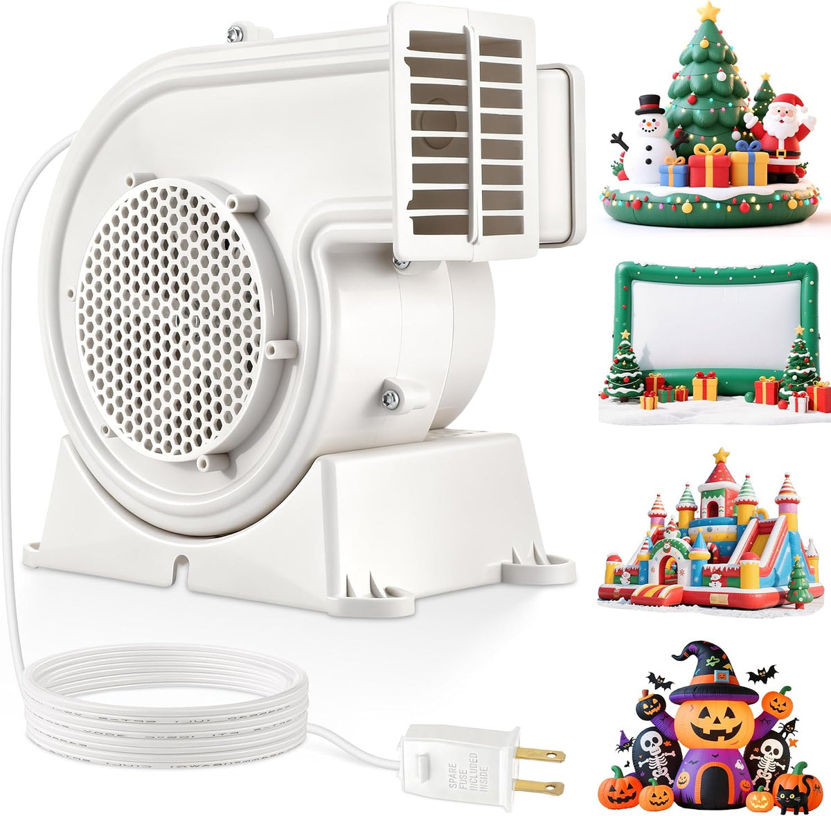 White 100W replacement inflatable blower with a cord and plug beside small inflatable examples