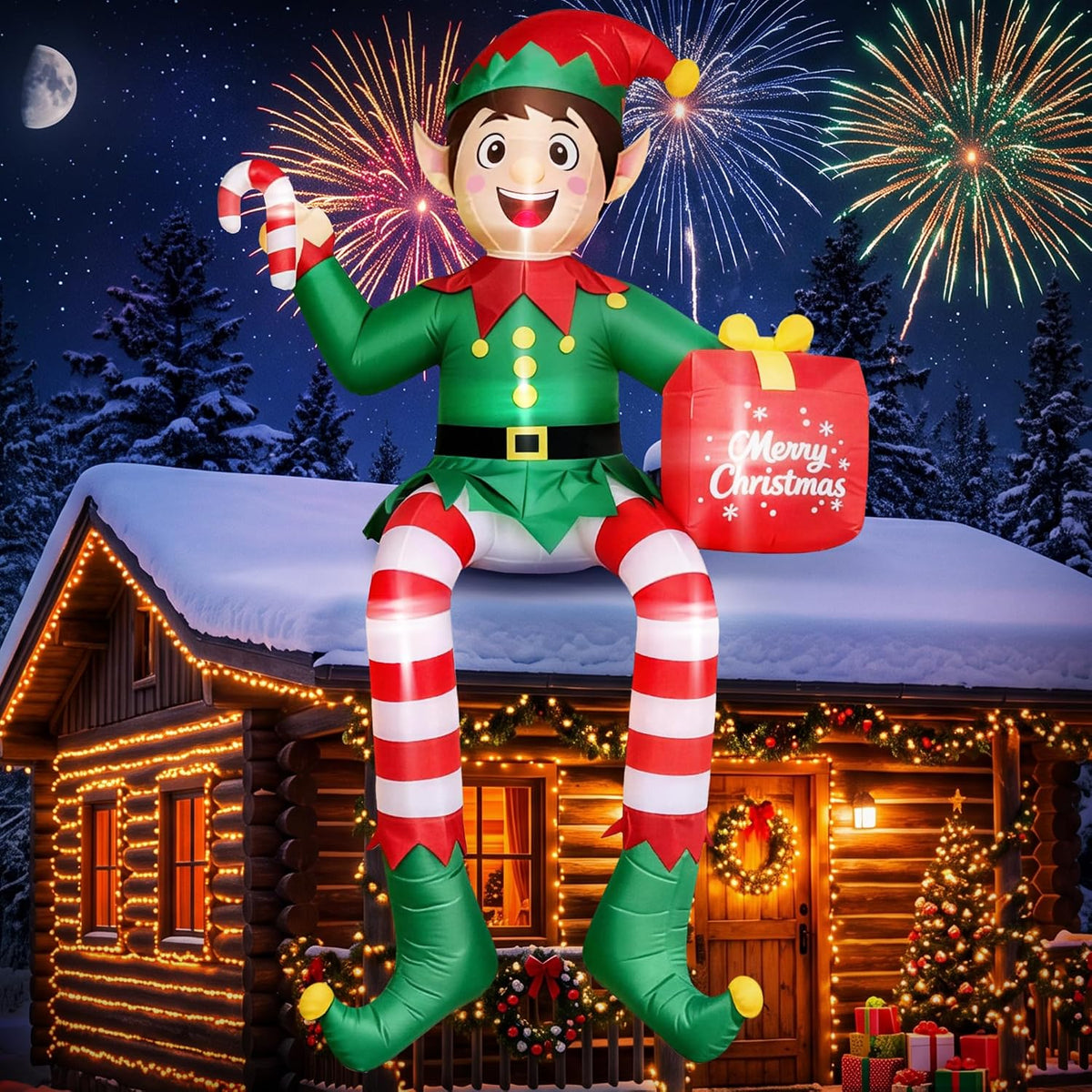 Giant elf inflatable with striped legs sitting on a snowy cabin roof holding a candy cane and a gift