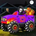 Grim reaper driving a purple monster truck inflatable with Trick or Treat lettering and pumpkins in the bed