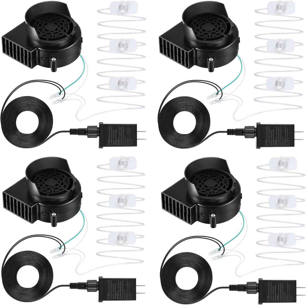 Four small black replacement inflatable fan blowers with LED light strings and plug adapters