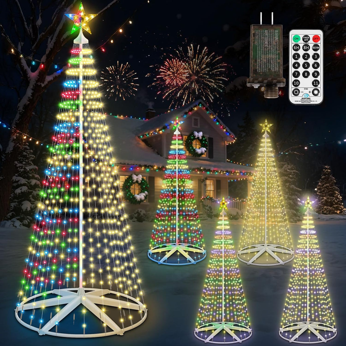 Several LED cone Christmas trees with star toppers in multicolor and warm white on a snowy lawn with a remote