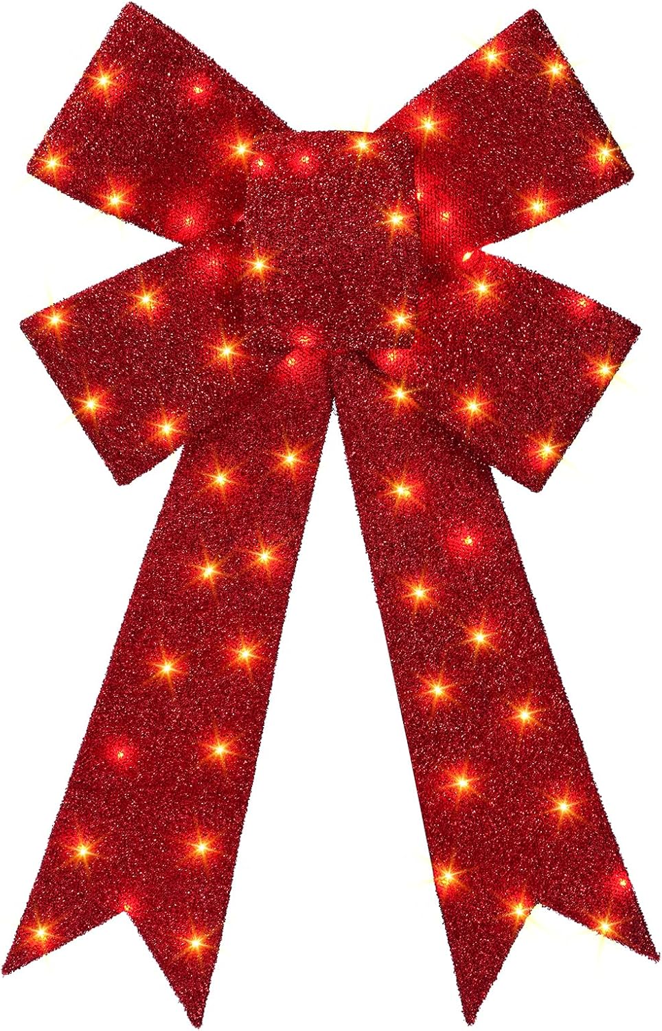 Large glittery red Christmas bow with warm LED lights