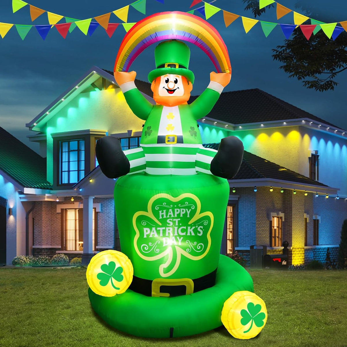 Leprechaun inflatable holding a rainbow over his head, sitting in a Happy St. Patrick's Day hat