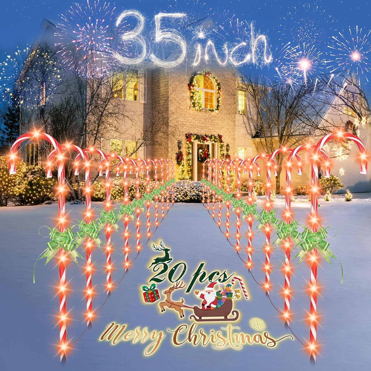 Two rows of lighted red and white candy cane pathway lights leading to a house at night