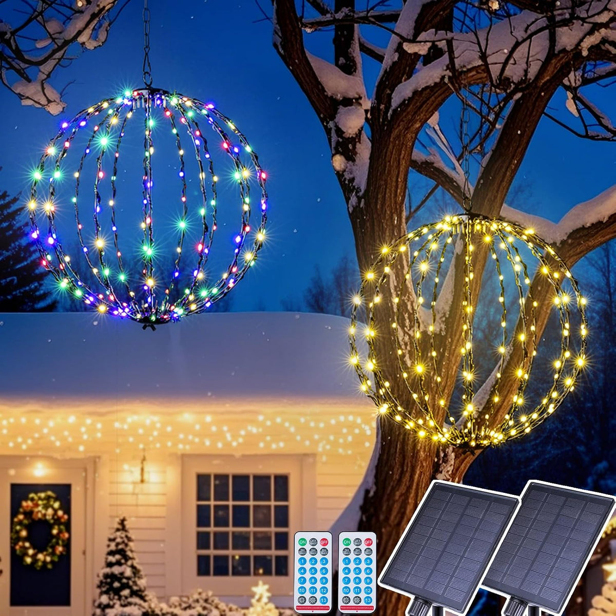 Multicolor and warm white solar light spheres hanging from a snowy tree with solar panels and remotes