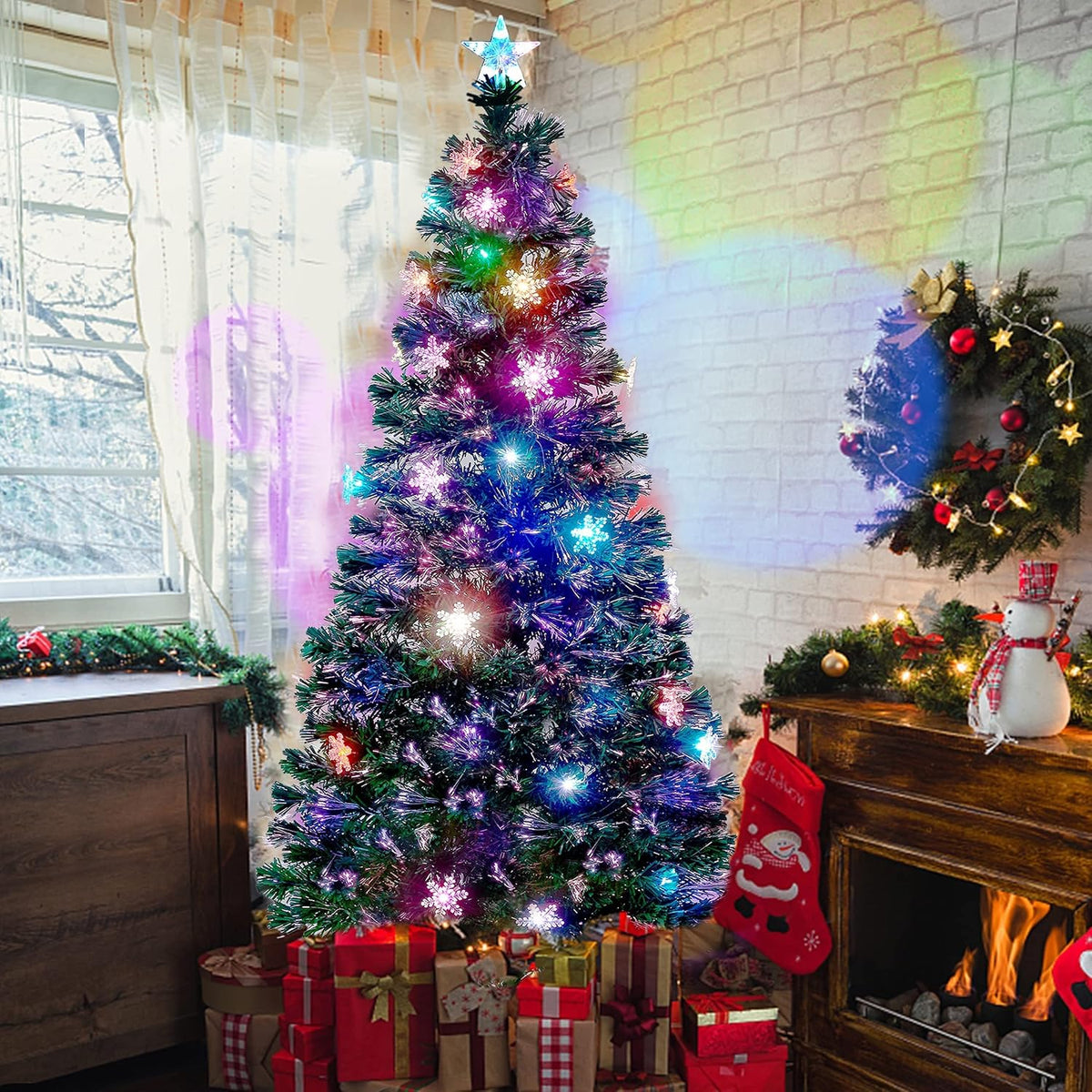 Fiber optic Christmas tree glowing in multiple colors in a living room with gifts underneath