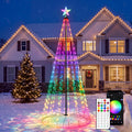 Rainbow LED cone Christmas tree with a star in a snowy yard with a remote and phone app