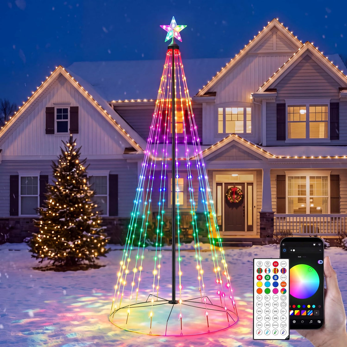 Rainbow LED cone Christmas tree with a star in a snowy yard with a remote and phone app